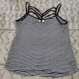 Glitz Navy Blue and White Striped Womens Junior Spaghetti Strap Tank Size Large